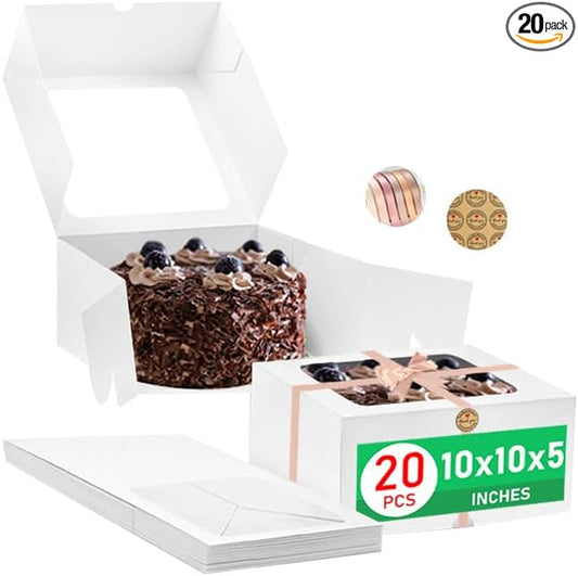 20 Pcs White Cake Box with Window,10x10x5 Inches, Bakery Boxes with Handmade Love Sticker,White Tall Bakery Box with Window Pastry Boxes Disposable Cake Containers for Desserts,Cupcakes