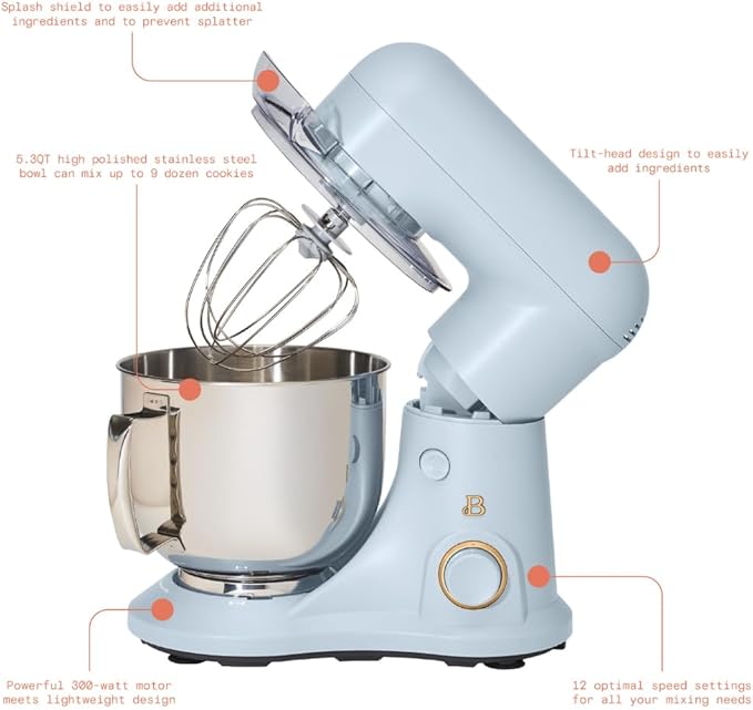 Beautiful 5.3QT 300W Stand Mixer with 12 Speeds, Tilt-Head, Splash Guard & Dishwasher-Safe Accessories, Soft Matte Finish – Mixes Up to 9 Dozen Cookies, Includes Dough Hook & Whisk (Cornflower Blue)