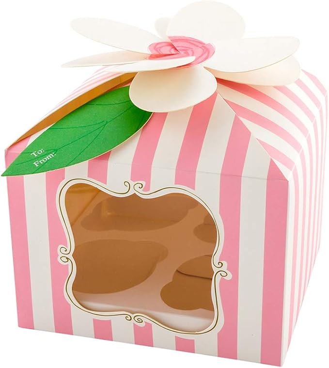 Restaurantware-Pastry Tek 7 x 7 x 5 Inch Cupcake Gift Boxes, 100 Fits 4 Cupcake Favor Boxes - Flower Top, Cupcake Inserts, Pink Paper Treat Boxes With Window, For Weddings Or Parties, Stripes