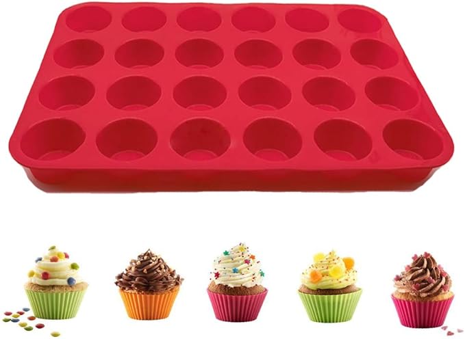 Qtopun Silicone Mini Muffin Pan, 4 Pack 24 Cups Silicone Mold Cups Baking Pan, Silicone Muffin Tins Baking Moulds-Red