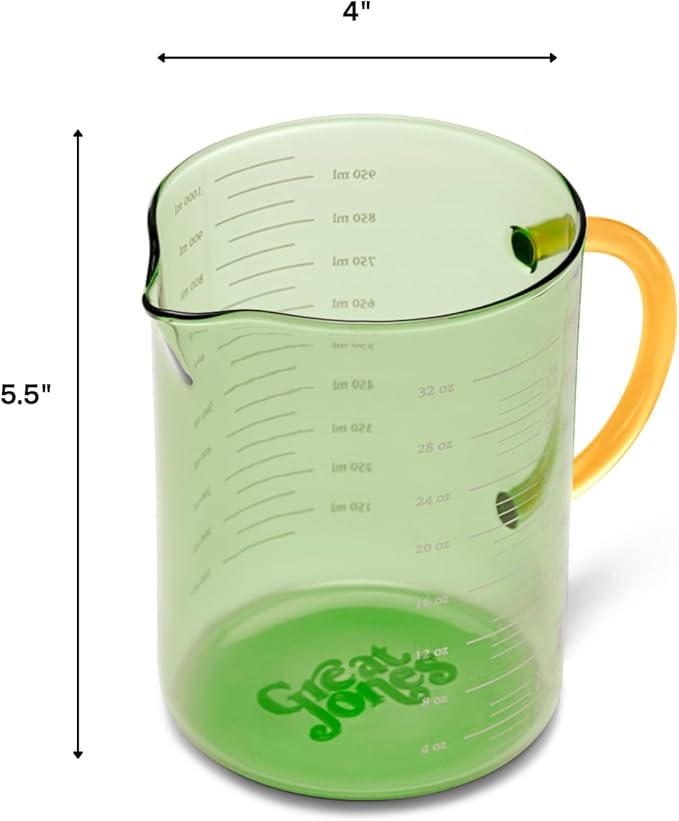 Great Jones Beyond Measure 4-Cup Glass Measuring Cup | Durable Borosilicate Glass with Easy-Read Markings, Precision Pour Spout | Microwave & Dishwasher Safe | Broccoli 5.5 x 4 Inches