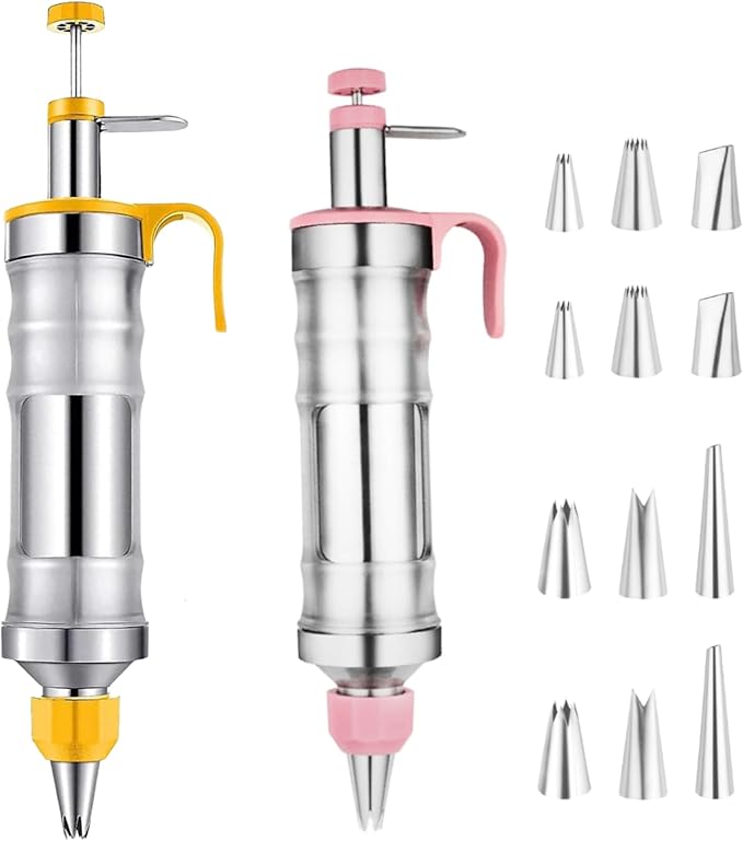 Dessert Decorating Syringe Set of 2, Frosting Piping Kit Stainless Steels Cake Decorating Kit with 12 Piping Tips Cupcake Decorating Kit Pink and Yellow