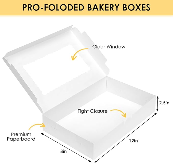 Moretoes 48pcs Bakery Boxes,12x8x2.5 Inches Cookie Boxes with 3 Style Window for Chocolate Covered Strawberries, Desserts, Cookies, with 4pcs Stickers