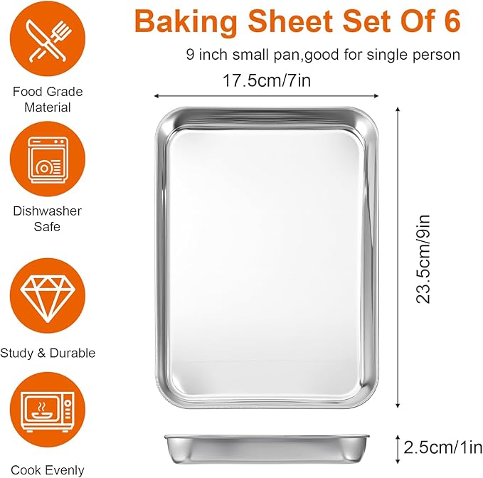 6pcs Stainless Steel Sheet Pan, 9x7inch Cookie Sheets Baking Sheets Pan Cookie for Bakings Metal Food Tray Non-Stick, Rust Resistant Stainles Steels Cookies Sheet for Baking Or Roasting