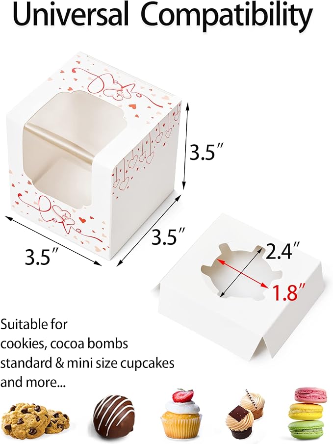 Happyhiram Heart Cupcake Boxes 25 Pcs, Individual Cupcake Box with insert and Window for Valentines Day Gift Boxes Cupcake Containers Single for Kids Valentine Gift Ornament Boxes for Party Favors