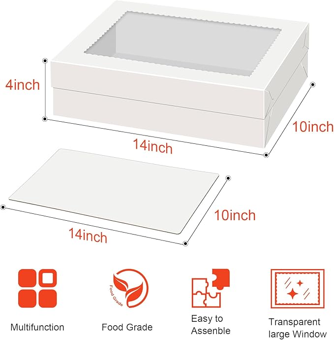 Sudaya 14x10x4 Cake Boxes with Boards, Rectangle Quarter Sheet Cake Boxes, 1/4 Sheet Bakery Box with Window, Disposable Carry Bakery Containers for Cookie, Donuts, Cupcakes, Pie, Wedding, Party