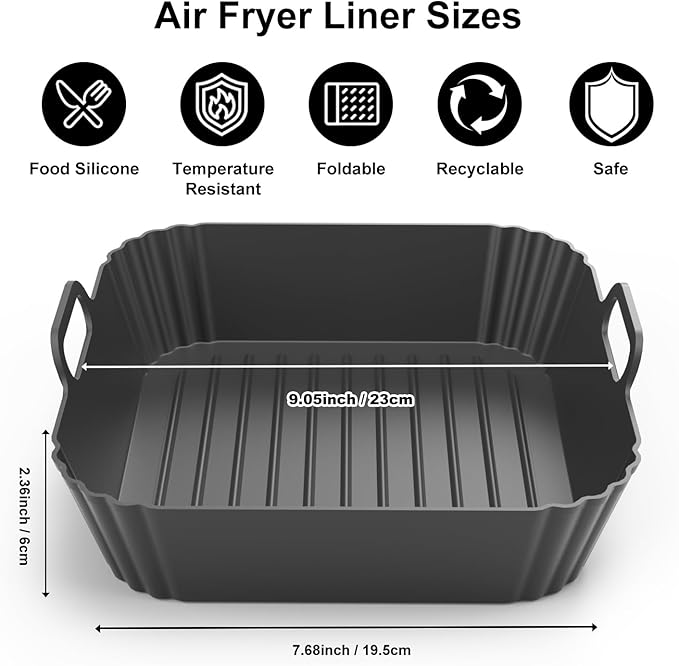 9-Inch Square Silicone Liners for Large Air Fryer 2Pack, 6 to 8.5QT Silicone Pot Baking Accessories for Chefman COSORI Ninja Instant Pot Vortex XL Cuisinart, Reusable Air Fryer Tray Insert