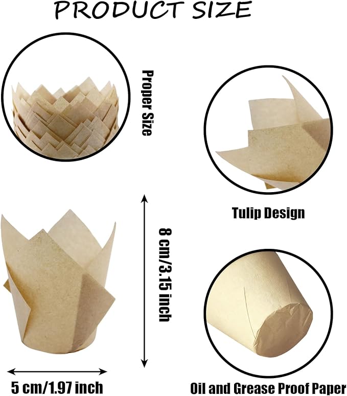150pcs Tulip Cupcake Liners - Muffin Paper Baking Cups, Greaseproof Wrapper Holders for Birthday, Wedding, Party, Baby Showers, Catering, Restaurants(Brown,White,Light Brown)