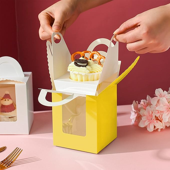 Yellow Cupcake Boxes, 30 Pack - Individual Clear Window Inserts, Handle - Muffin & Pastry Containers