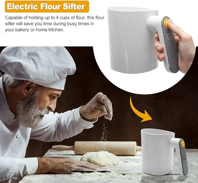 Electric Flour Sifter, Battery Operated Mesh Shaker, Handheld Flour Sieve, Cup Shape Powder Shaker Strainer, Kitchen Baking Tools for Cooking, Pastry, Baking (COLOR:White)