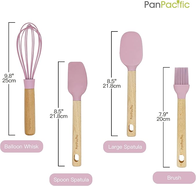 Silicone Mini Spatulas Set with Pastry Brush and Whisk, Small Kitchen Tools Nonstick Cookware For Cooking, Baking And Serving - Cherry Pink - 4 Piece