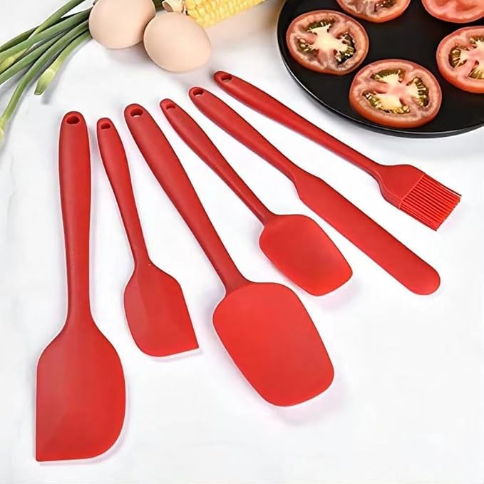 Spatula Kitchen Utensils - 6 Pieces Silicone Spatula Set Heat Resistant, Cooking Utensils Food Grade Rubber Spatulas for Nonstick Cookware Kitchen Baking (Red)