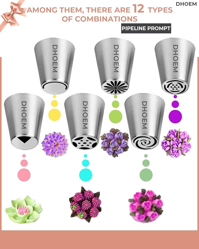 54Pcs Russian Piping Tips Set, 24 Flower Frosting Nozzles Icing Tips, Cake Decorating Kit, 4 Leaf Tips, 4 Couplers, and 20 Disposable Bags for Baking Supplies for Cookie Cupcake