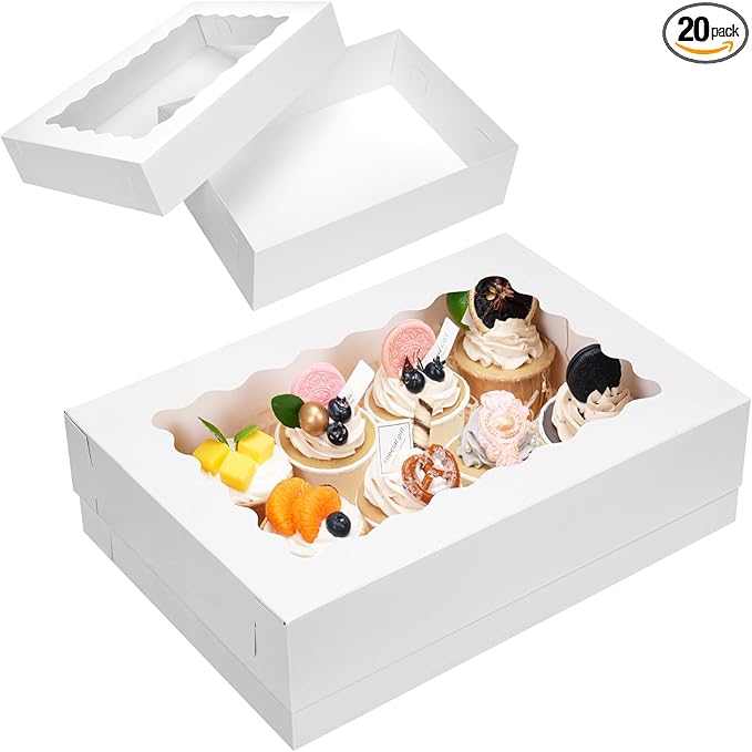 Moretoes 20pcs 14x10x4in Sheet Cake Boxes, White Quarter Bakery Boxes with Window, for Cake Pastry Baking Donuts Cupcake Pie Packaging