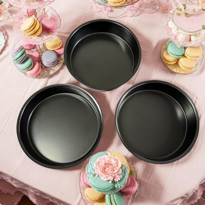 8" Round Nonstick Cake Pan Set, 3 Piece Carbon Steel Solid Bottom Baking Molds, Oven Safe - Contains 50 Sheets of Oil Paper, Essential for Home Baking with Non-Stick Coating (Black)