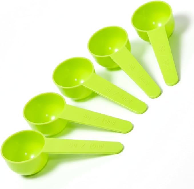 5g Plastic Measuring Spoons (10ml) – Pack of 5 Small Scoops for Protein Poweder, Creatine, Coffee, Lab, Baking, Laundry, Canisters, Dry Goods – 1 Teaspoon Measuring Spoons (tsp), Green