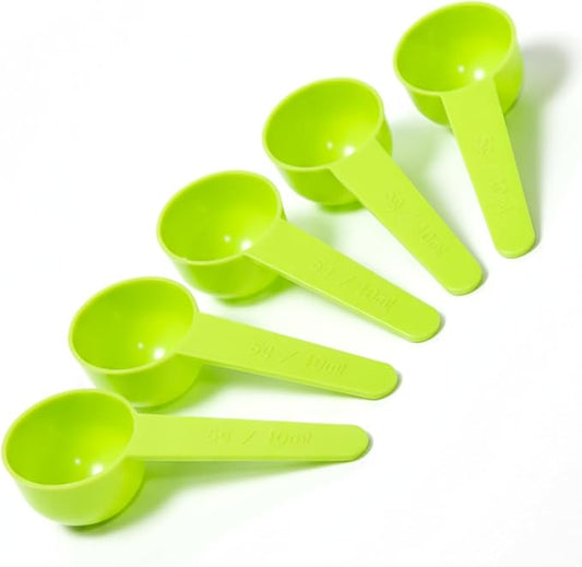 5g Plastic Measuring Spoons (10ml) – Pack of 5 Small Scoops for Protein Poweder, Creatine, Coffee, Lab, Baking, Laundry, Canisters, Dry Goods – 1 Teaspoon Measuring Spoons (tsp), Green