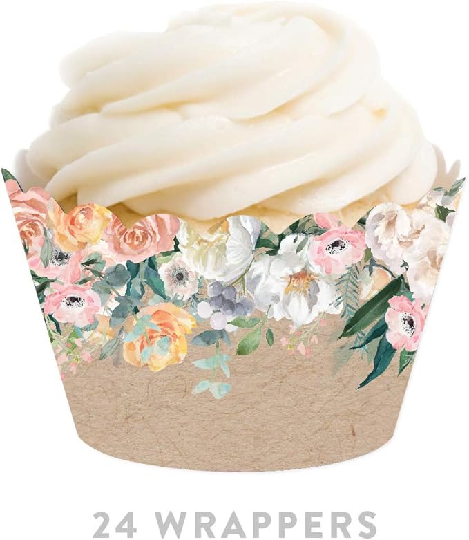 Andaz Press Party Cupcake Wrapper Decorations, Peach Florals on Kraft Brown, 24-Pack, For Girls 1st Birthday Baby Bridal Shower Tea Party Themed Decorations