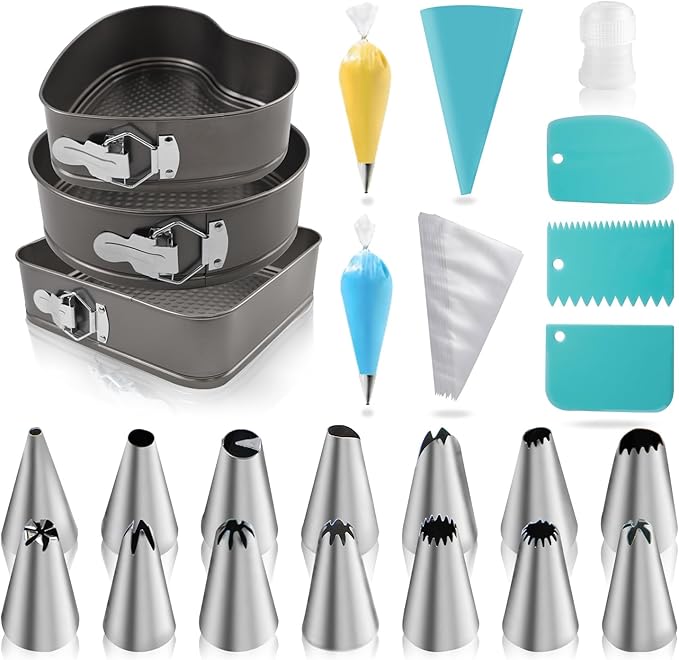 Springform Cake Pans Set 8, 9,10 Inch Heart Pan Round Cake Pan Square Baking Nonstick Cheesecake Pans Springform Pans with 100 Pcs Piping Bags, 16 Pcs Nozzles, 3 Pcs Scrappers