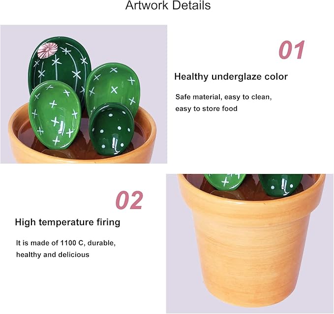 5 Pieces Measuring Spoons Set/Ceramics Spoons and Measuring Base Cup/for Dry and Liquid Ingredient, Cute Cactus Shape (Solid color base)