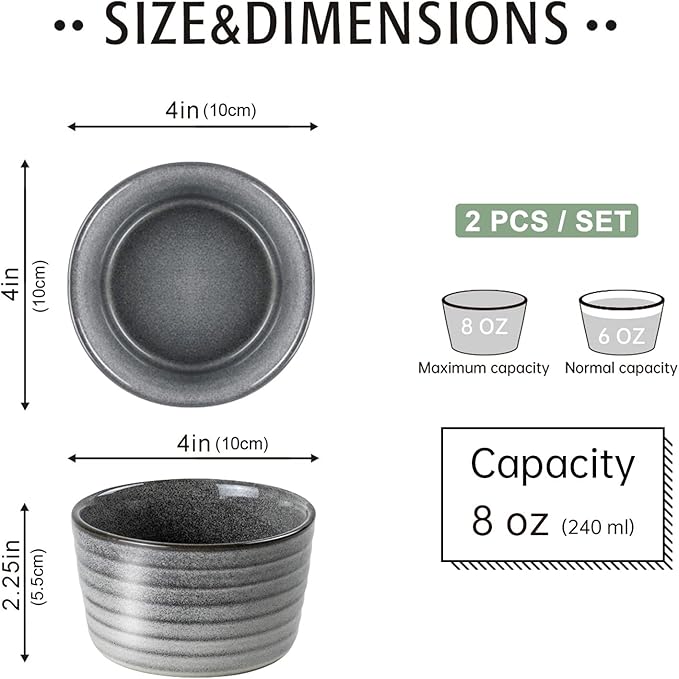 UNICASA Ramekin Set of 2, 8 oz Creme Brulee Ramekins, Oven Safe Baking Set for Custard, Pudding, Souffle Cups, Reactive Gray