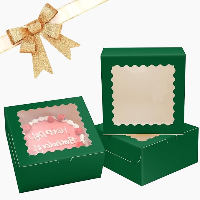 Bakepacker 36pcs 10x10x5 Inches Deep Green Cake Boxes with Window 18-Packs, 10 Inch Bakery Boxes (18 Cake Boxes +18 Cake Boards Included)