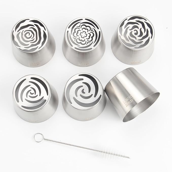 Extra Large Russian Piping Tip Set - 6 Stainless Steel Marshmallow Buttercream Framing Nozzles for 3D Roses Tulip Cake Decorations and Marshmallow Bouquets, Includes 1 Cleaning Brush(6C)