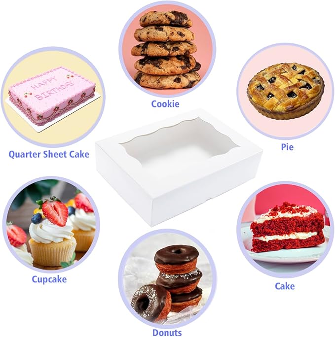 15 Pack 14x10x3.75 Inch Auto-Popup Large Rectangle Cake Boxes with Cake Boards, White Bakery Boxes for Quarter Sheet Cakes,Cupcakes, Brownie,Pie & Donuts