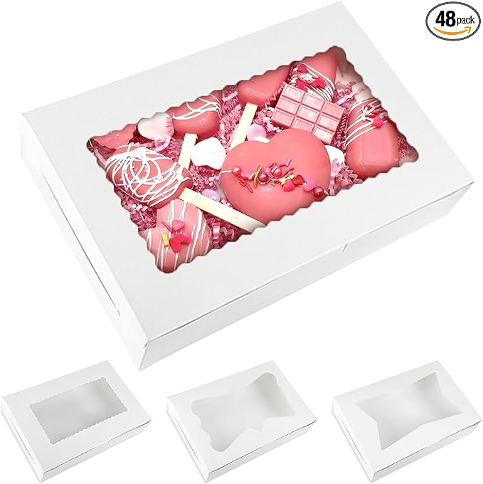 Moretoes 48pcs Bakery Boxes,12x8x2.5 Inches Cookie Boxes with 3 Style Window for Chocolate Covered Strawberries, Desserts, Cookies, with 4pcs Stickers