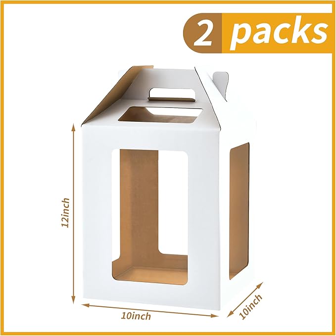 2 Pack Tall Cake Boxes for Tier Cakes,10x10x12 Inch Large Cake Box with windows,8in 10in White Bakery Box Disposable Layer Tall Cake Baking with Handle