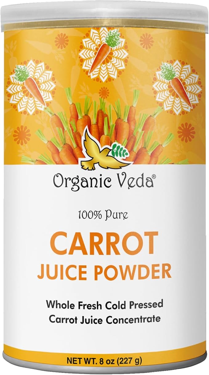 Organic Veda Carrot Powder - Made with Whole Fresh Cold Pressed Carrot Juice Concentrate - Ideal for Juice, Smoothie, Baking & Cooking - 100% Pure & Natural, 8 oz