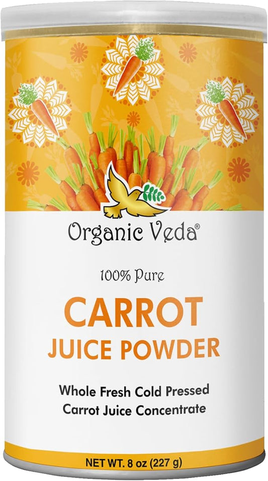 Organic Veda Carrot Powder - Made with Whole Fresh Cold Pressed Carrot Juice Concentrate - Ideal for Juice, Smoothie, Baking & Cooking - 100% Pure & Natural, 8 oz