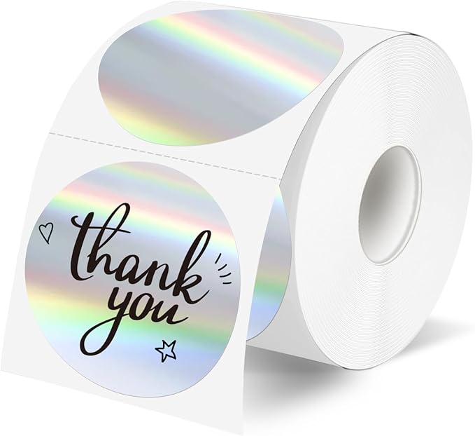 2" Circle Holographic Thermal Label Stickers, Round Printable Rainbow Glitter Thermal Printer Sticker Labels for Gift Wrapping, Self-Adhesive DIY Custom Logo Design- Silver (300Pcs/Roll)