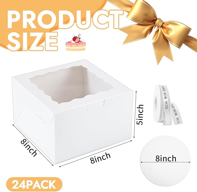 JCD 48pcs Cake Boxes 8x8x5in with Window,White 8 inch Cake Boxes with Boards for Pastries,Cupcakes,Cookies, Pie, Muffins and Donuts(24 Boxes &24 Boards & Stickers & ribbon) (8 * 8 * 5inch/24sets)