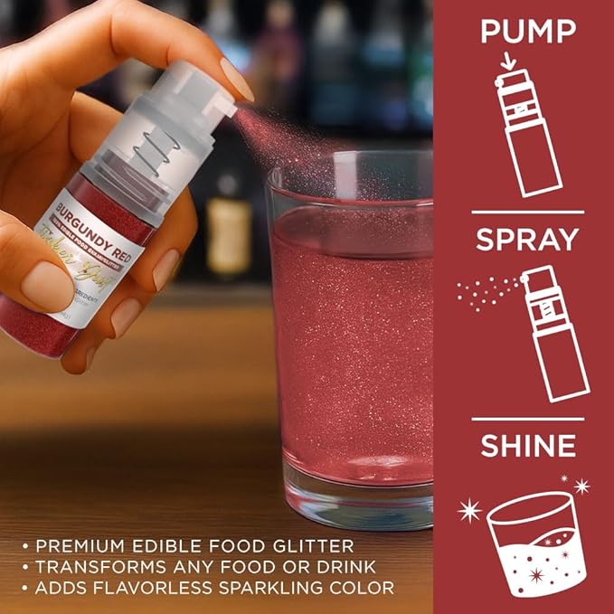 Bakell - Burgundy Red Tinker Dust (4g, 1x Mini Spray Pump) Edible Glitter for Food, Desserts, and Beverages!