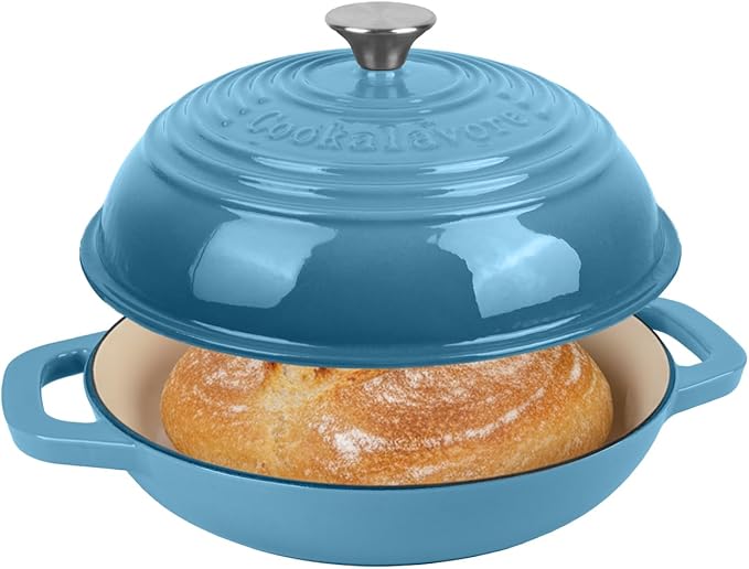 Premium Enameled Cast Iron Dutch Oven for Bread Baking | Non-Stick 5QT Oval Bread Oven with Lid | Perfect for Sourdough, Loaf, and Artisan Baking (Round Blue, 5 QT)