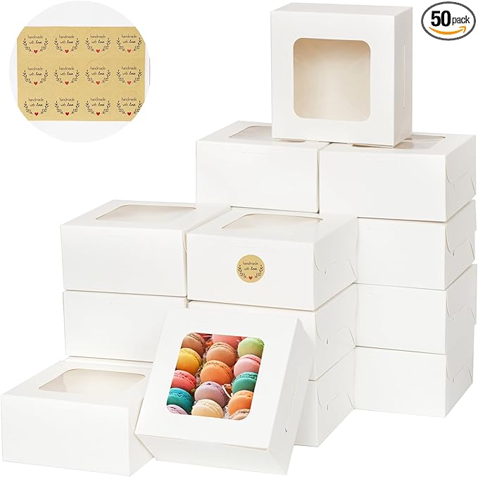 Zzrywuty 50 Packs 4x4x2.5in White Cookie Boxes, Bakery Boxes with Window, Mini Cake Boxes, Cupcake Container Boxes for Cookies, Pastry, Pie, Strawberries, Donuts, Candy, Desserts, Small Cake