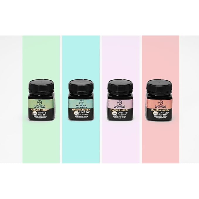 Manuka Hunters Raw New Zealand Honey Gift Set 4-Pack Honey Sampler with UMF 5+,10+,15+,20+ (250g = 85ml Each) – 100% Pure Natural Sweetener - Ideal for Tea, Coffee, Smoothies, Baking - Sustainable