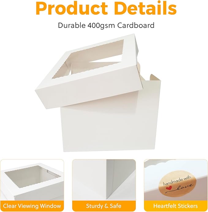 5 Sets Cake Boxes,10x10x8 Inch Tall Cake Box with Cake Boards 10",Disposable Cake Containers with Lids,White Bakery Boxes with Large Window,for Layer Cakes,Pies,Donuts,Cookies,Wedding,Birthday,Party