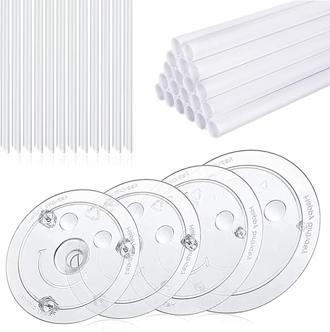 28-Piece Smiley Plastic Cake Dowel Rods Set - 12 Pcs White, 4 Cake Separator Plates for 4, 6, 8, 10 Inch Cakes
