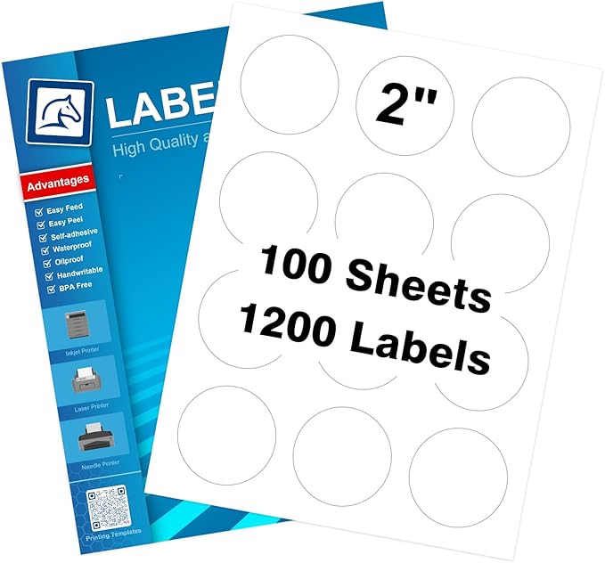 2" Round Sticker Labels for Laser/Ink Jet Printers, White Printable Sheets, Circle Stickers, 100 Sheets | 1200 Labels (HB-C012)