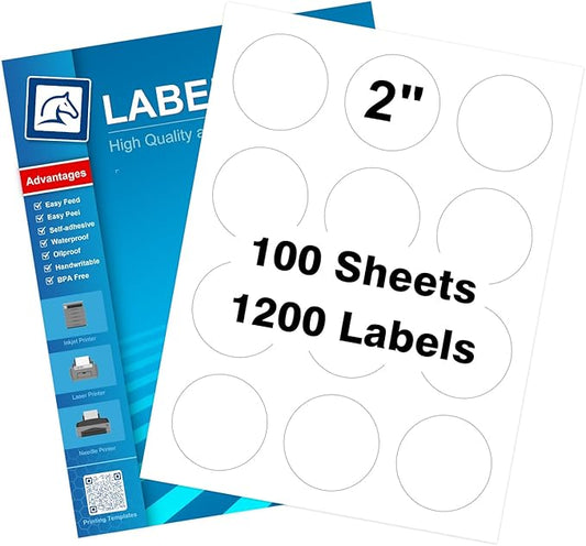 2" Round Sticker Labels for Laser/Ink Jet Printers, White Printable Sheets, Circle Stickers, 100 Sheets | 1200 Labels (HB-C012)