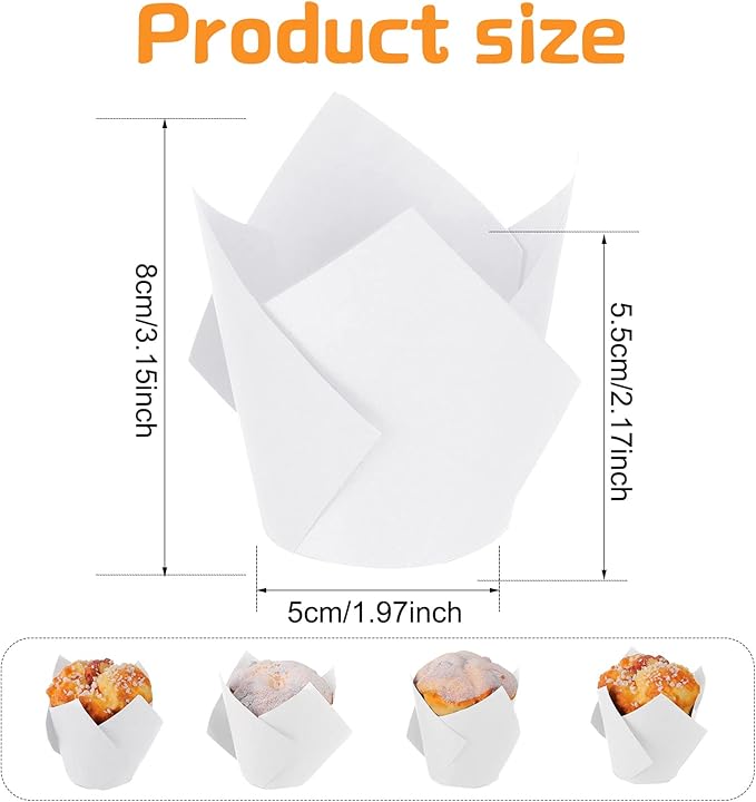 Jutom 200 Pack Tulip Cupcake Liners Paper Baking Cups Greaseproof Muffin Liners Grease Resistant Cupcake Wrappers for Weddings Birthday Cake Balls Muffins Candy Jelly Party(White)