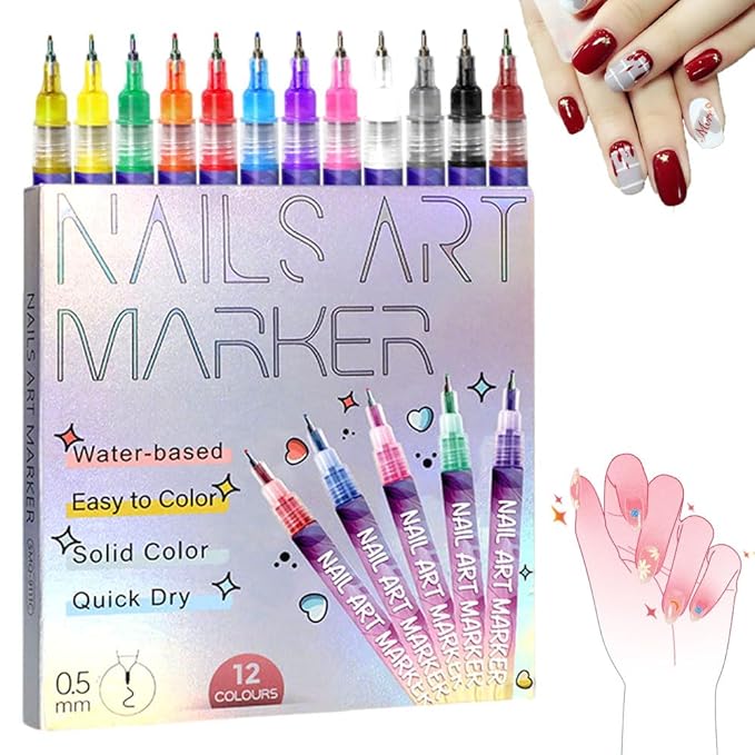 Nail Art Pens Set 12 Colors Nail Art Markers for Gel Nails,2025 Quickly Dry Nail Polish Pens Drawing Painting Pen,Nail Art Nail DIY Decoration for Home Salon (12 Color)