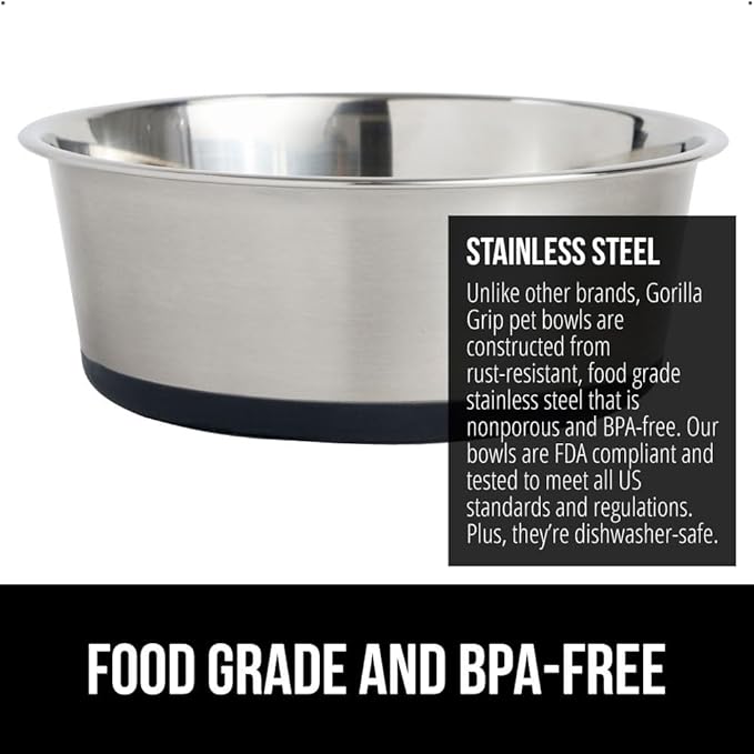 GORILLA GRIP Dog Bowl, Holds 2 Cups (16 fl oz), Heavy Duty Metal Food and Water Bowl for Feeding Dogs and Cats, Easy Clean, Dishwasher Safe, Rust Resistant Stainless Steel, BPA Free Rubber Base, Black