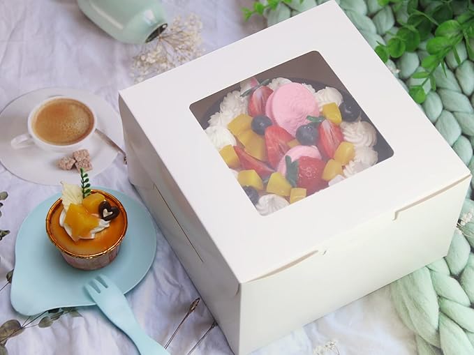 10Packs 8x8x5 Inches White Cake Boxes with Window, Gift Packing, Bakery Boxes, Dessert, Pastry, Cupcake, Pie Cookies, With Stickers,66 FT Twine (8 * 8 * 5 Inch, White)