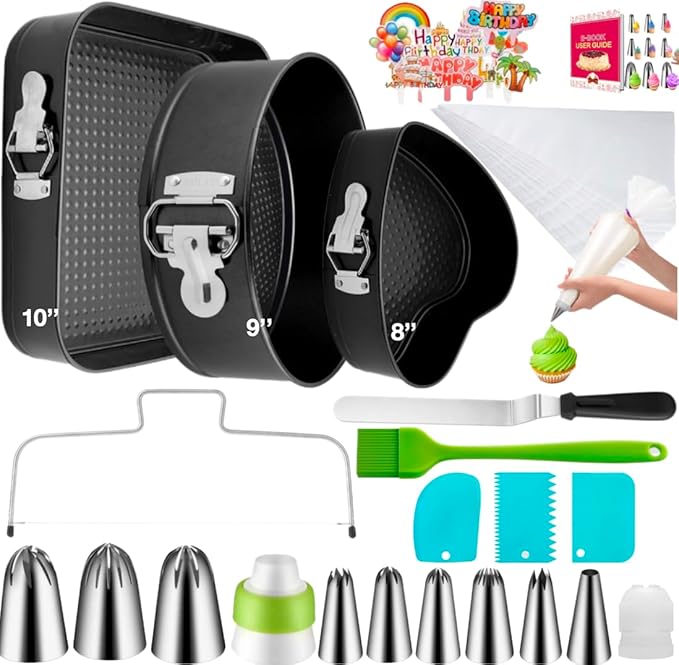 zhonglinhua99pcs Cake Pan Set with Removable Base, Cake Decorating Supplies with 3 Nonstick Bakeware Springform Pans (8" 9" 10"), Numbered Icing Piping Tips and Other Baking Supplies for Cheesecake