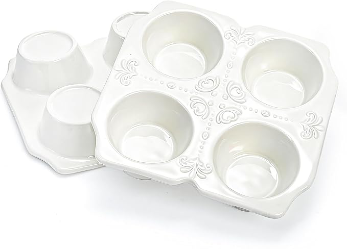 Hiceeden 2 Pack 4-Cup Ceramic Muffin Pan, Nonstick Muffin Tin with Handle, Ceramic Cupcake Baking Pans with Embossed Pattern for Muffin, Cupcake, White