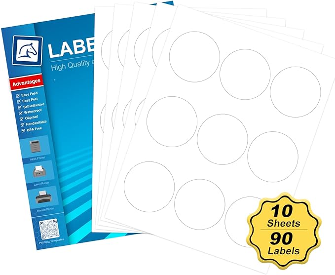 2.5" Round Sticker Labels for Laser/Ink Jet Printers, White Printable Sheets, Circle Sticker Labels, 10 Sheets | 90 Labels (HB-C009)