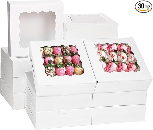 Moretoes 30pcs Bakery Boxes, 8x8x2.5 Cookie Boxes with Window, White Treat Containers for Donuts, Chocolate Strawberries, Pie